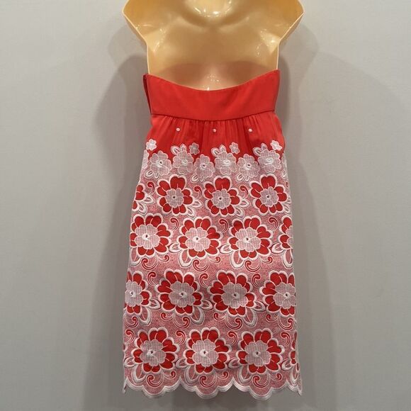 Tibi Floral Embroidery Overlay Strapless Silk Mini Dress size 0 - Picture 2 of 10